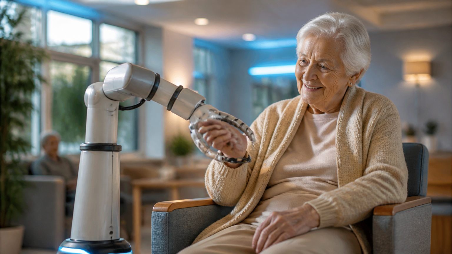 Assistive care robot arm with compact joint modules supporting an elderly person