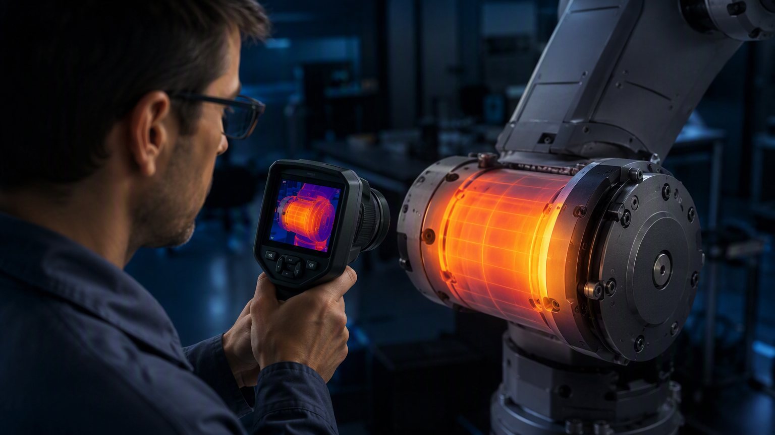 Engineer using a thermal imaging camera on a robot joint module housing