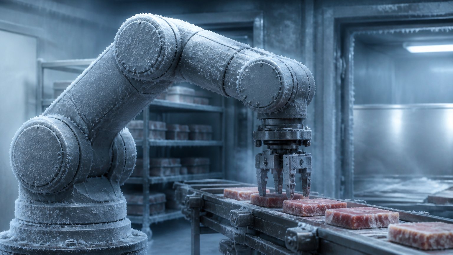Robotic arm with sealed joint modules operating in a frost-covered freezer environment