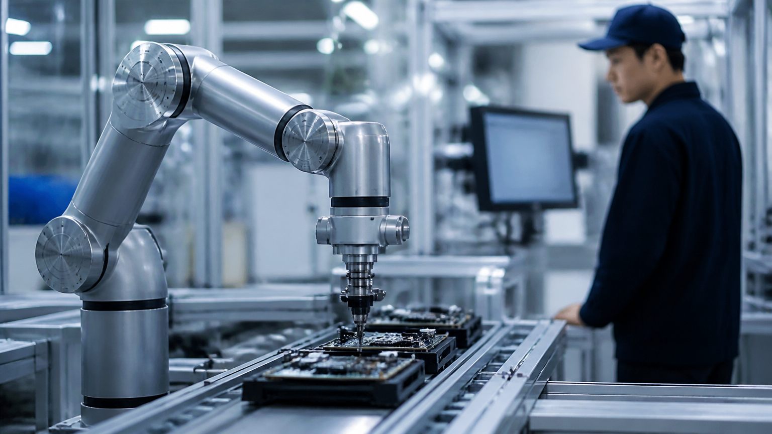 Precision robotic arm with cylindrical joint modules on an electronics assembly line in a Japanese factory