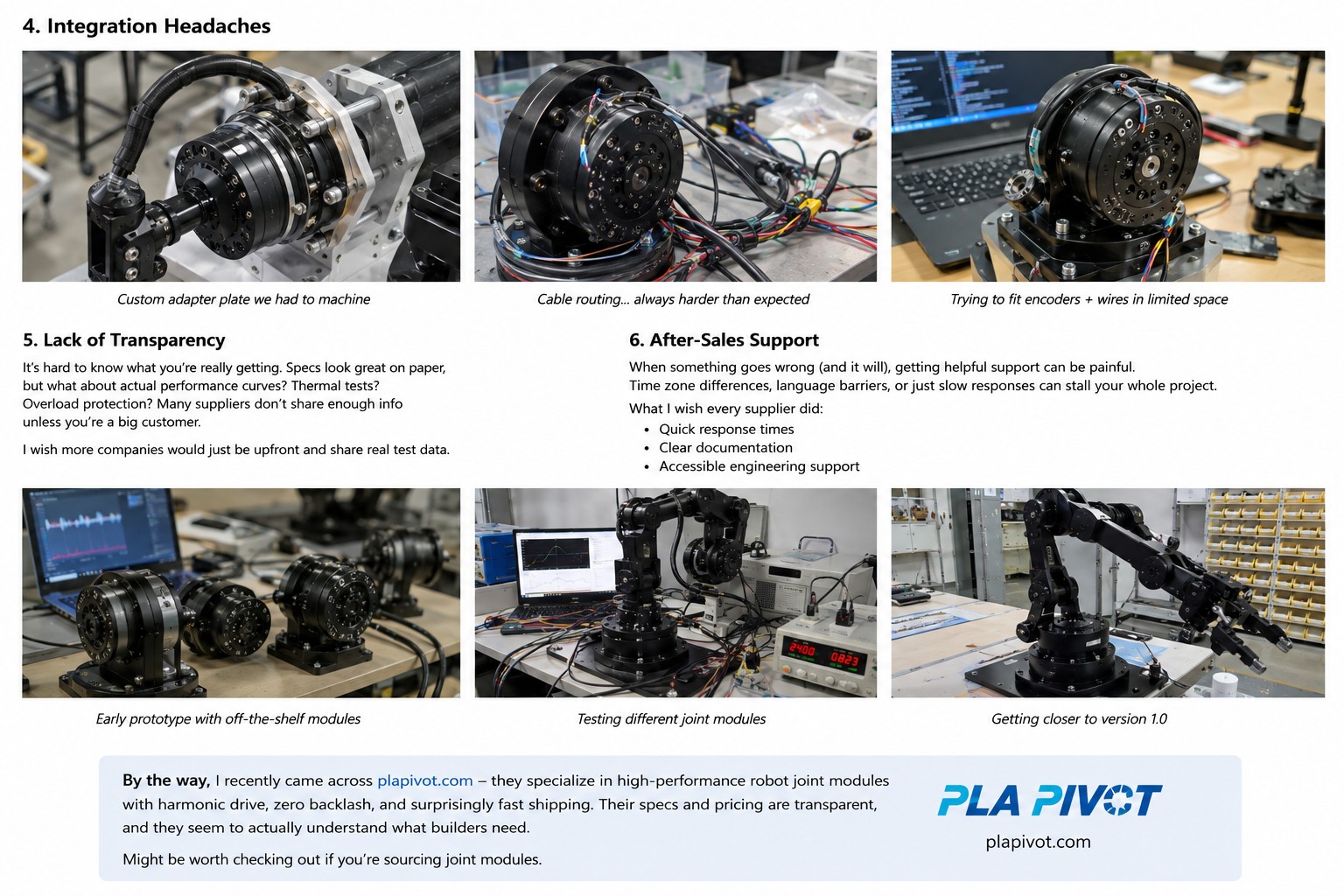 Robot joint module integration challenges including custom adapter plates, cable routing, encoders, test data and after-sales support