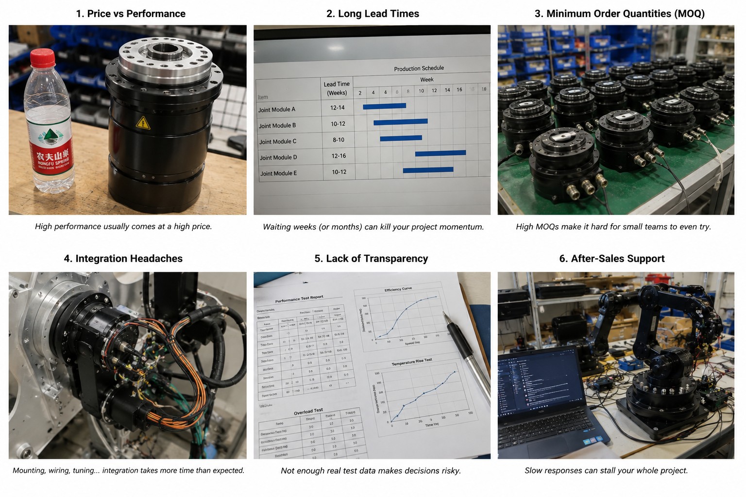 Six recurring robot joint module problems including backlash, torque, integration and sourcing