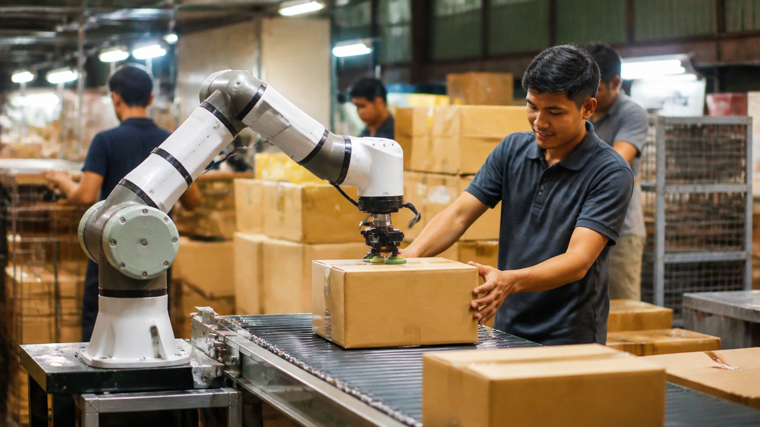 Small robotic arm with joint modules packing boxes on a production line with a worker