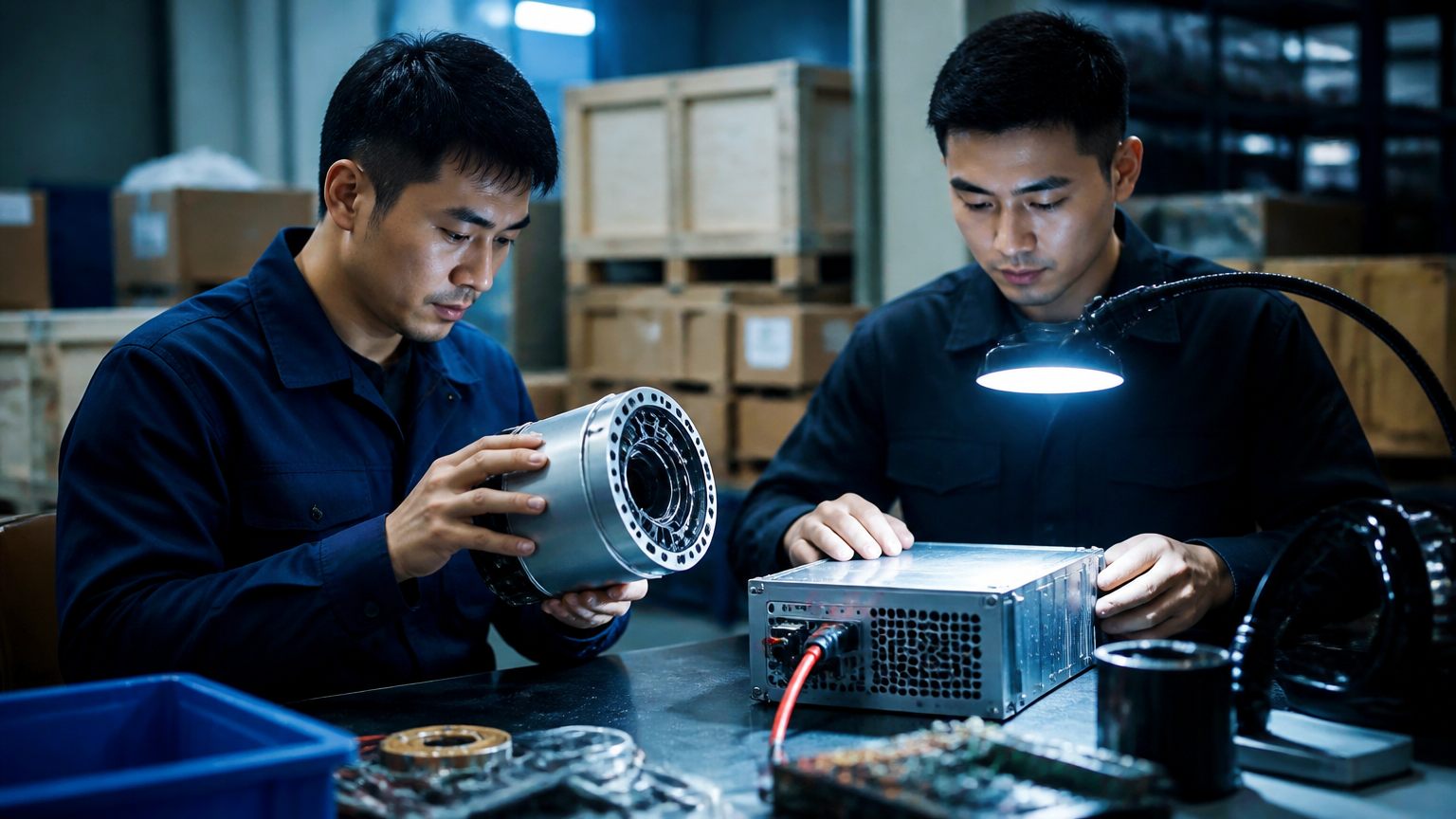 Engineers inspecting a robot joint module and power supply with shipping crates in the background