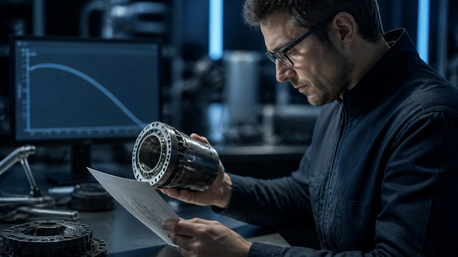 Engineer reading a robot joint module datasheet with a torque curve on the monitor