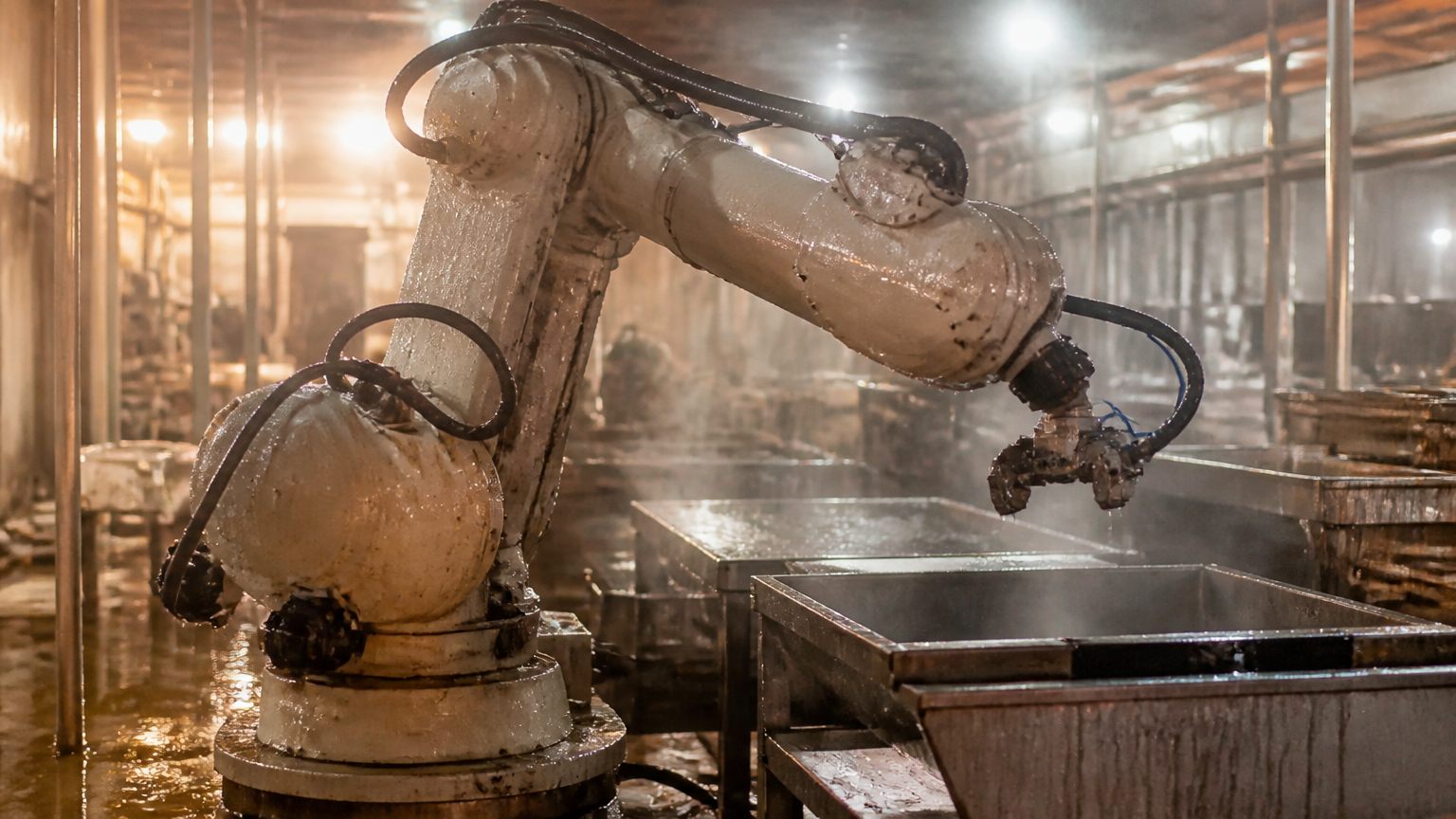 Industrial robotic arm with sealed joint modules in a hot humid Southeast Asian factory
